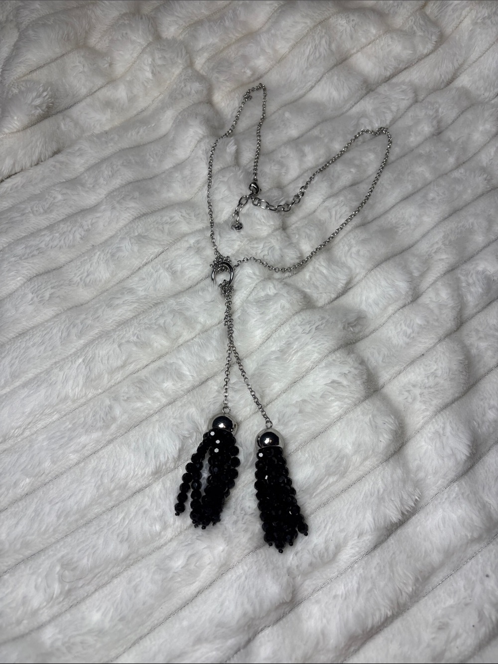 Talbots Elegant Silver Necklace with Black shimmering Beaded Tassels